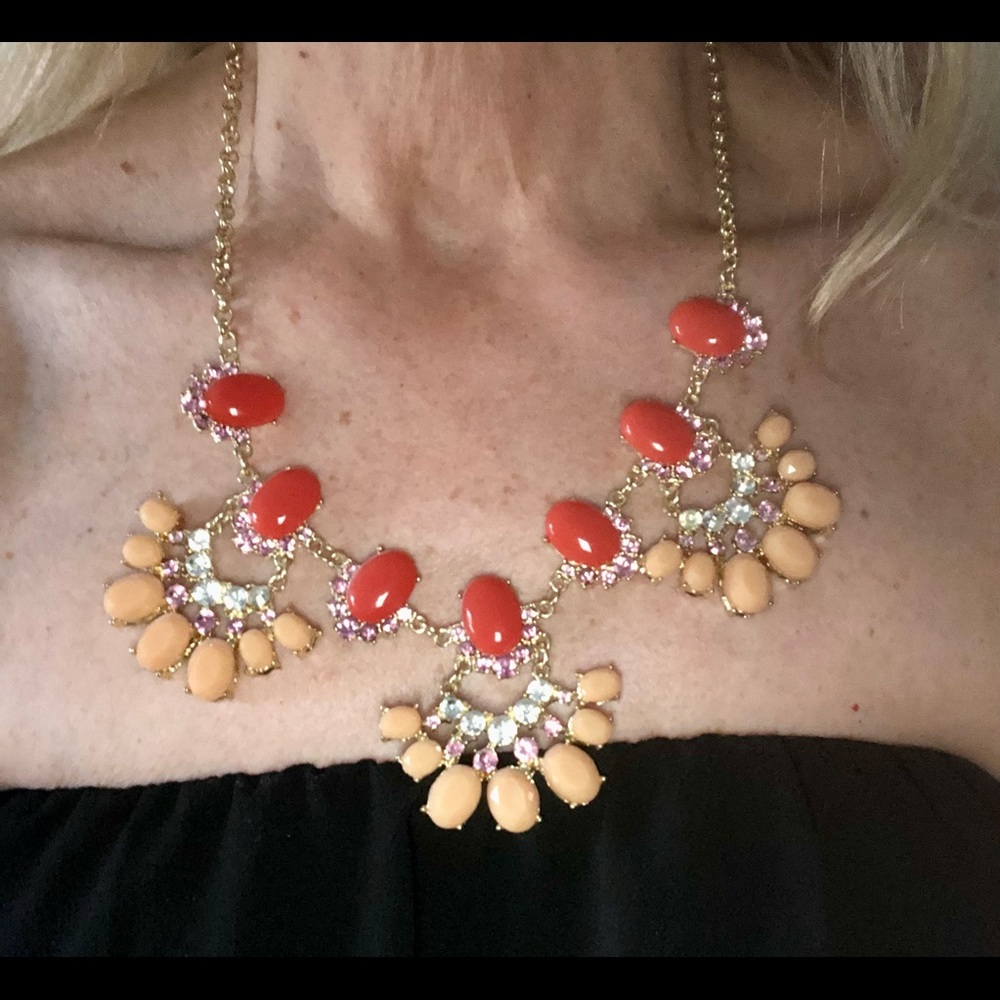 Coral & peach colored bubble statement necklace with rhinestones
